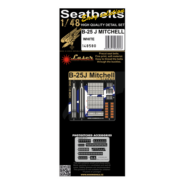 HGW 1/48 scale B-25J Mitchell (WHITE) fabric seatbelts and PE buckles - 148580