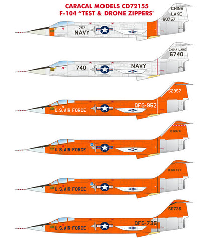 Caracal 1/72 decals Air Force & Navy F-104 Test & Drone Zippers - CD72155