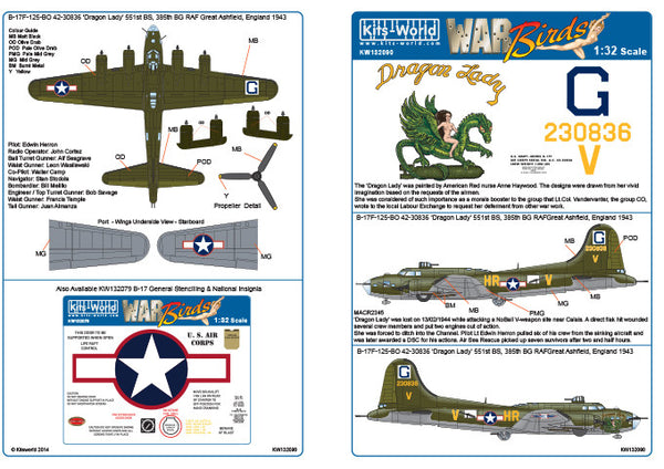 Kits-World decals 1/32 Boeing B-17F featuring Dragon Lady - KW132090 Kits-World decals 1/32 Boeing B-17F featuring Dragon Lady - KW132090