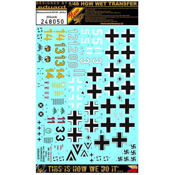 HGW 1/48 wet transfer stencils Messerschmitt Bf109 Afrika for Eduard - 248050