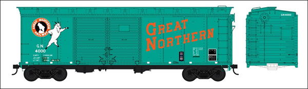 Bowser HO Scale 40ft Box Cars Great Northern (DD, green w/round herald & Rocky) Bowser HO Scale 40ft Box Cars Great Northern (DD, green w/round herald & Rocky)
