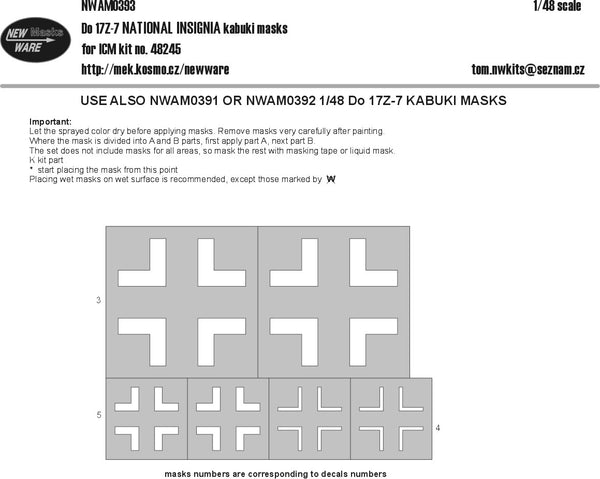 New Ware 1/48 scale Dornier Do-17Z-7 NATIONAL INSIGNIA masks for ICM - NWAM0393 New Ware 1/48 scale Dornier Do-17Z-7 NATIONAL INSIGNIA masks for ICM - NWAM0393