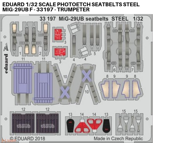 Eduard 1/32 scale Photoetch seatbelts steel MiG-29UB f - 33197 - Trumpeter Eduard 1/32 scale Photoetch seatbelts steel MiG-29UB f - 33197 - Trumpeter