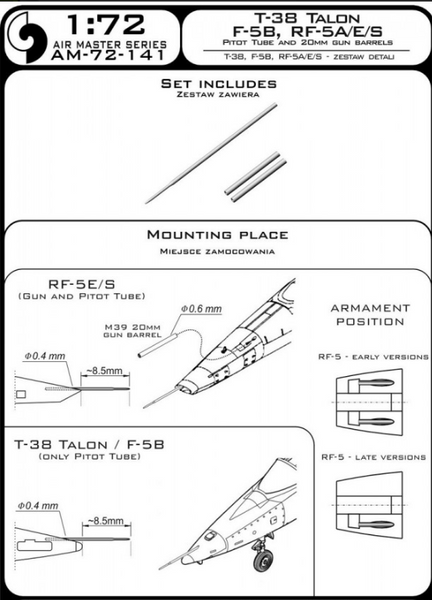 Master Model 1/72 T-38 Talon F-5B/RF-5A, E, S Pitot Tube gun barrels - AM72141