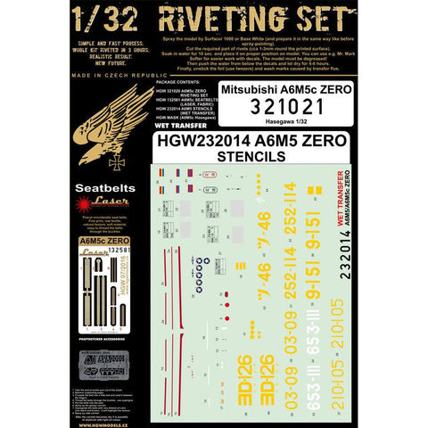 HGW 1/32 scale Mitsubishi A6M5c Zero Riveting Stencils Seatbelt Hasegawa 321021