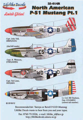 Lifelike 1/32 decal NA P-51 Mustang Pt 1 for Tamiya or Revell 32-014R (reprint)