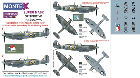 Montex 1/32 masks, markings & decals for SPITFIRE VB by HASEGAWA - K32336