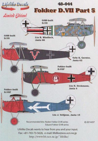 Lifelike 1/48 decal Fokker D.VII Pt 5 for Roden & Eduard kits - 48-044