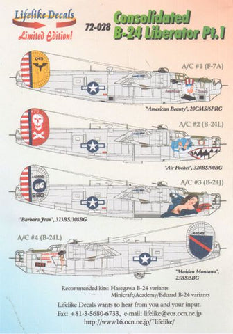 Lifelike 1/72 decal Consolidated B-24 Liberator Pt 1 - 72-028