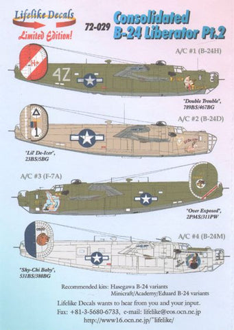 Lifelike 1/72 decal Consolidated B-24 Liberator Pt 2 - 72-029