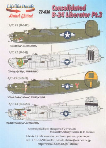 Lifelike 1/72 decal Consolidated B-24 Liberator Pt 3 - 72-030