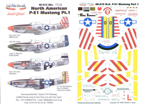 Lifelike 1/48 decal for North American P-51 Mustang Pt 1 for Tamiya - 48-015
