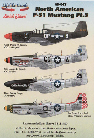 Lifelike 1/48 decal for North American P-51 Mustang Pt 3 for Tamiya - 48-047