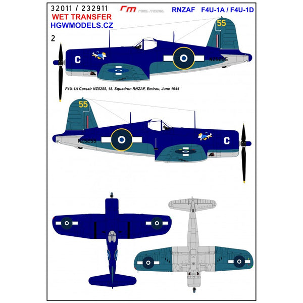HGW 1/32 scale wet transfers for RNZAF F4U-1A / F4U-1D - 232911 HGW 1/32 scale wet transfers for RNZAF F4U-1A / F4U-1D - 232911