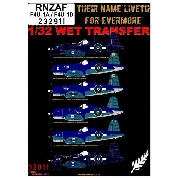 HGW 1/32 scale wet transfers for RNZAF F4U-1A / F4U-1D - 232911 HGW 1/32 scale wet transfers for RNZAF F4U-1A / F4U-1D - 232911