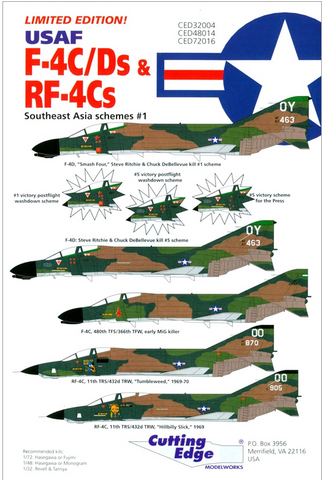 Cutting Edge 1:48 scale USAF F-4C/Ds RF-4Cs SE Asia Schemes #1 decals - CED48014