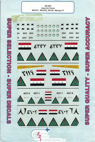 SuperScale 1:48 Decals Iraqi AF MiG-21, MiG-23, MI-24 Hind D, Mirage F1 - 48-385