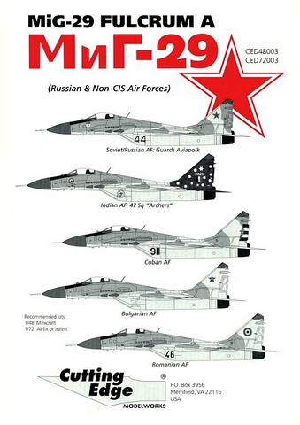 Cutting Edge 1:48 scale MiG-29 Fulcrum A Russian & Non-CIS AF decals - CED48003