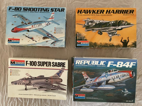 Monogram 4 classic jets in 1/48 scale F-84F, F-100, F-80, Hawker Harrier lot