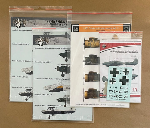 1/72 Owl & SBS Decals 4 pack set I-153 Finnish, Arado Ar 66c etc