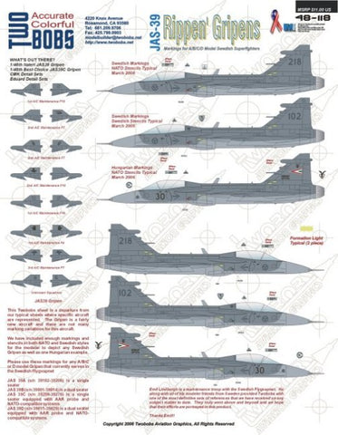 TwoBobs 1/48 scale JAS-39A/B/C/D Rippen' Gripens decal sheet - 48-118