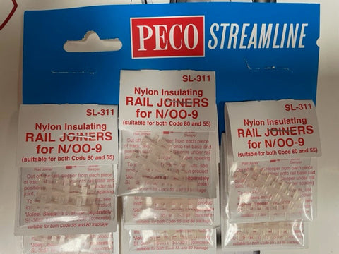 Peco #SL-311 for N/OO-9 Scale Nylon Insulated Rail Joiners - 7 Packs