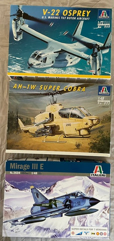 Italeri 1/72 V-22 Osprey & 1/48 AH-1W, Mirage III E - 3 kit combo
