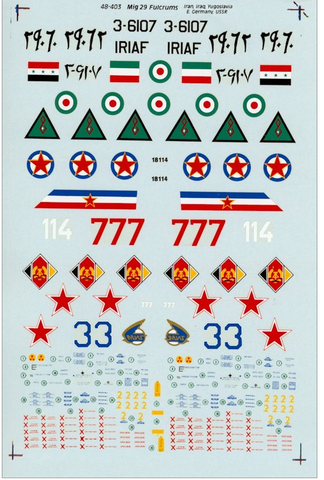 SuperScale 1:48 Decals MiG 29 Fulcrums Iran Iraq Yugoslavia E. Germany- 48-403
