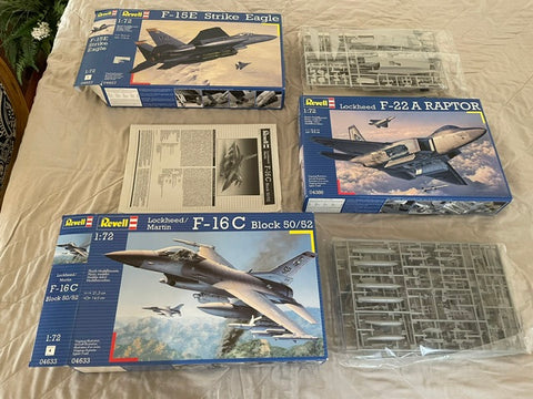 Revell 1/72 scale 3 kit combo: F-15, F-16C and F-22 Raptor kits #04627/33/86