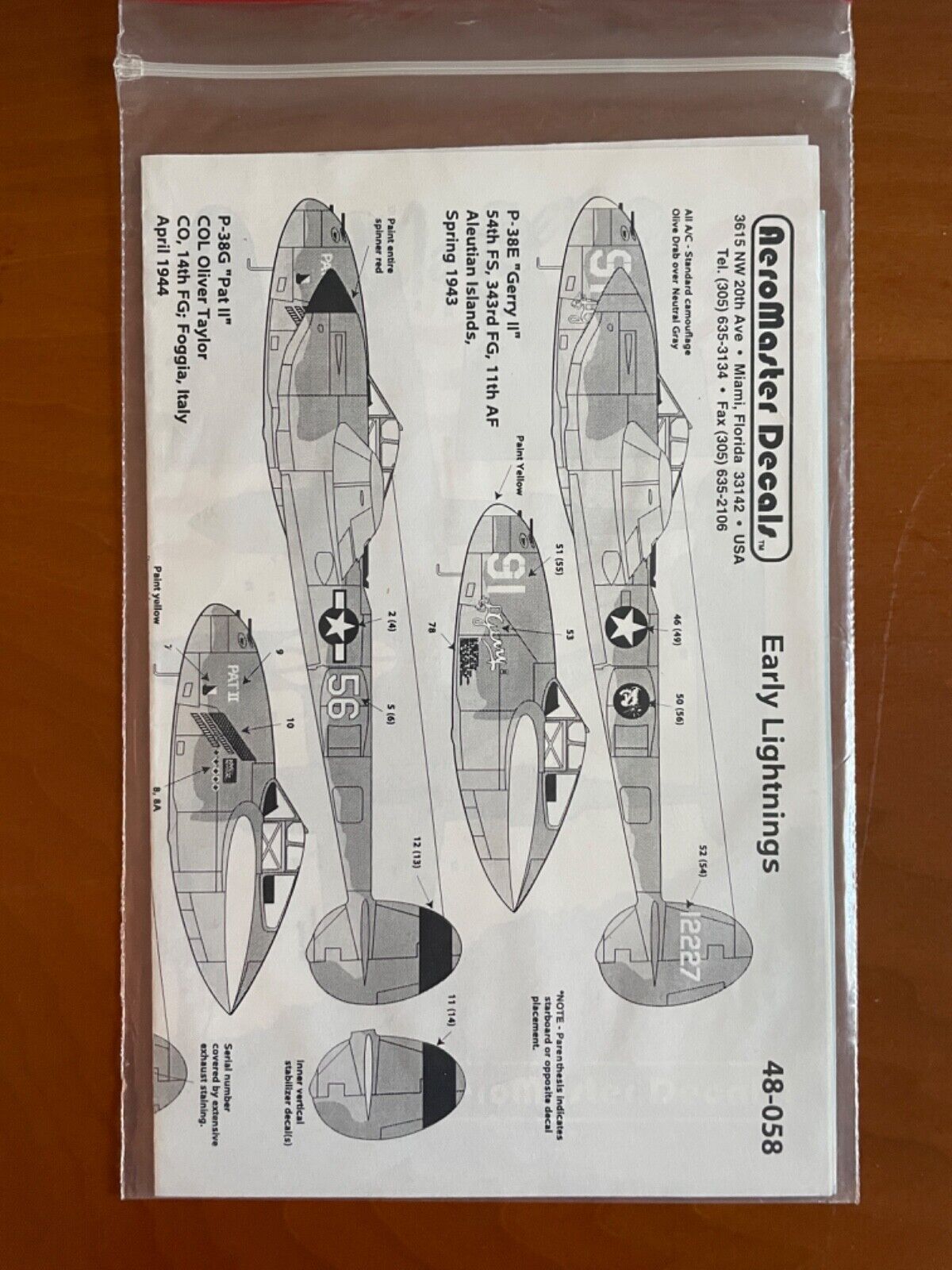 Aeromaster Decals 1:48 #48-058 Early Lightnings for Hasegawa, etc P-38