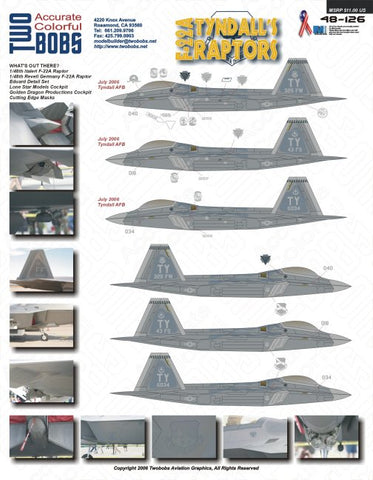 TwoBobs 1/48 scale F-22A Tyndall's Raptors decal sheet - 48-126