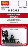 Micro Trains 00302024 N Scale 1-Pair Bettendorf Trucks w/Long Extension Couplers