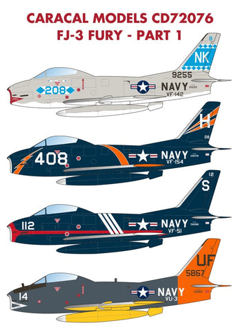 Caracal 1/72 decals CD72076 Pt1 for the US Navy FJ-3 Fury by Sword Models