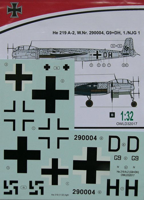 Owl Decals 1/32 He 219 A-2, W.Nr. 290004, G9+DH, 1./NJG 1 - OWLD32017 Owl Decals 1/32 He 219 A-2, W.Nr. 290004, G9+DH, 1./NJG 1 - OWLD32017