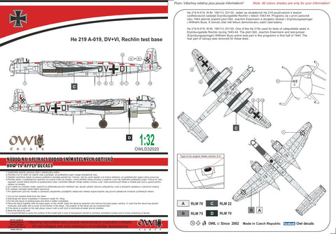 Owl Decals 1/32 He 219 A-019, DV+VI, Rechlin test base - OWLD32020