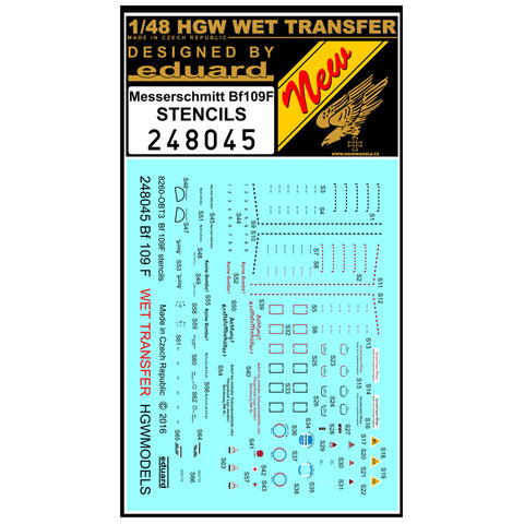 HGW 1/48 scale wet transfer Messerschmitt Bf 109F Stencils - 248045