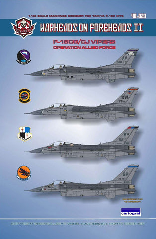 Bullseye 1/48 Decals F-16CG/CJ Falcon Viper Warheads on Foreheads II Op Allied Force for Tamiya- 48023