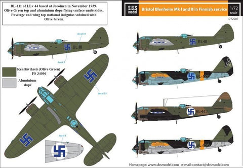 S.B.S Model Decal 1/72 Bristol Blenheim Mk.I-II in Finnish service - D72007