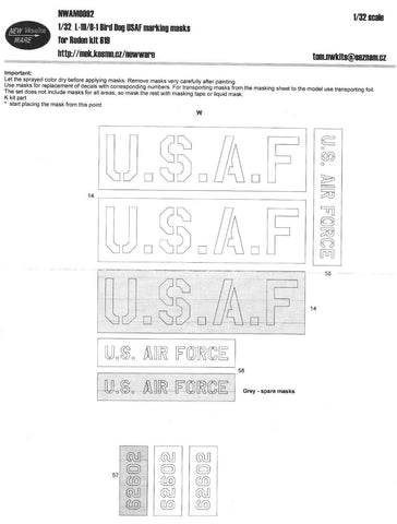 New Ware 1/32 marking masks for L-19 / 0-1 Bird Dog USAF for Roden kit#619