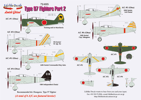 Lifelike 1/72 decal Nakajima Ki-27 Nate Pt 2 Hasegawa Type 97 Fighter 72-035