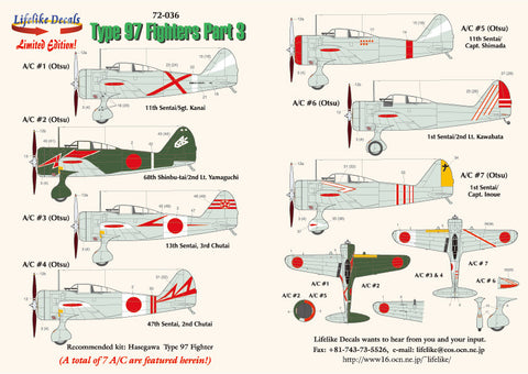 Lifelike 1/72 decal Nakajima Ki-27 Nate Pt 3 Hasegawa Type 97 Fighter 72-036