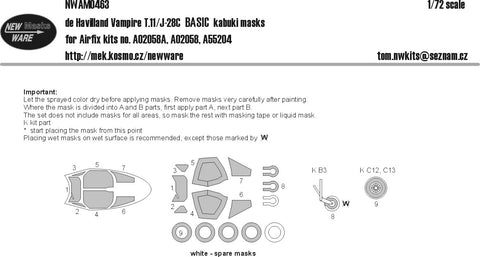 New Ware 1/72 scale De Havilland Vampire T.11/J28-C Basic paint masks - NWAM0463