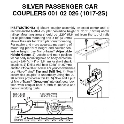 Micro Trains N 2 Pair Silver Assembled Passenger Car Couplers (1017-2S) 00102026