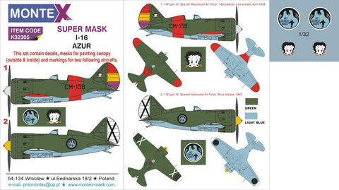 Montex 1/32 masks, markings & decals for I-16 type 10 by Azur kits - K32305