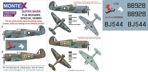 Montex 1/32 decals, masks & markings for P-36 Mohawk by Special Hobby - K32313