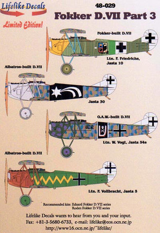 Lifelike 1/48 decal Fokker D.VII Pt 3 for Eduard & Roden - 48-029