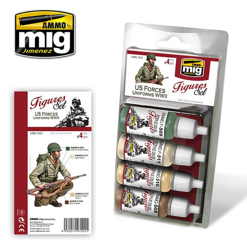 Ammo Mig Jimenez 4 jars 17mL each US FORCES UNIFORMS WWII Acrylics - AMIG7022