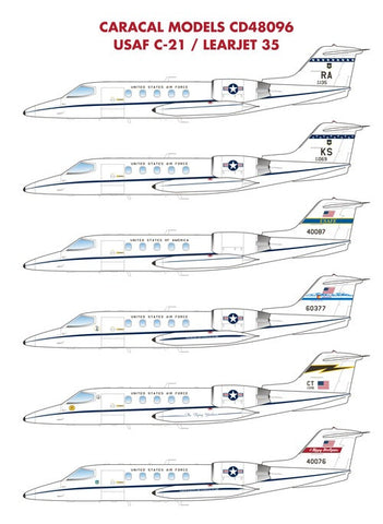 Caracal 1/48 CD48096 - USAF C-21 Learjet 35 decals for Hasegawa