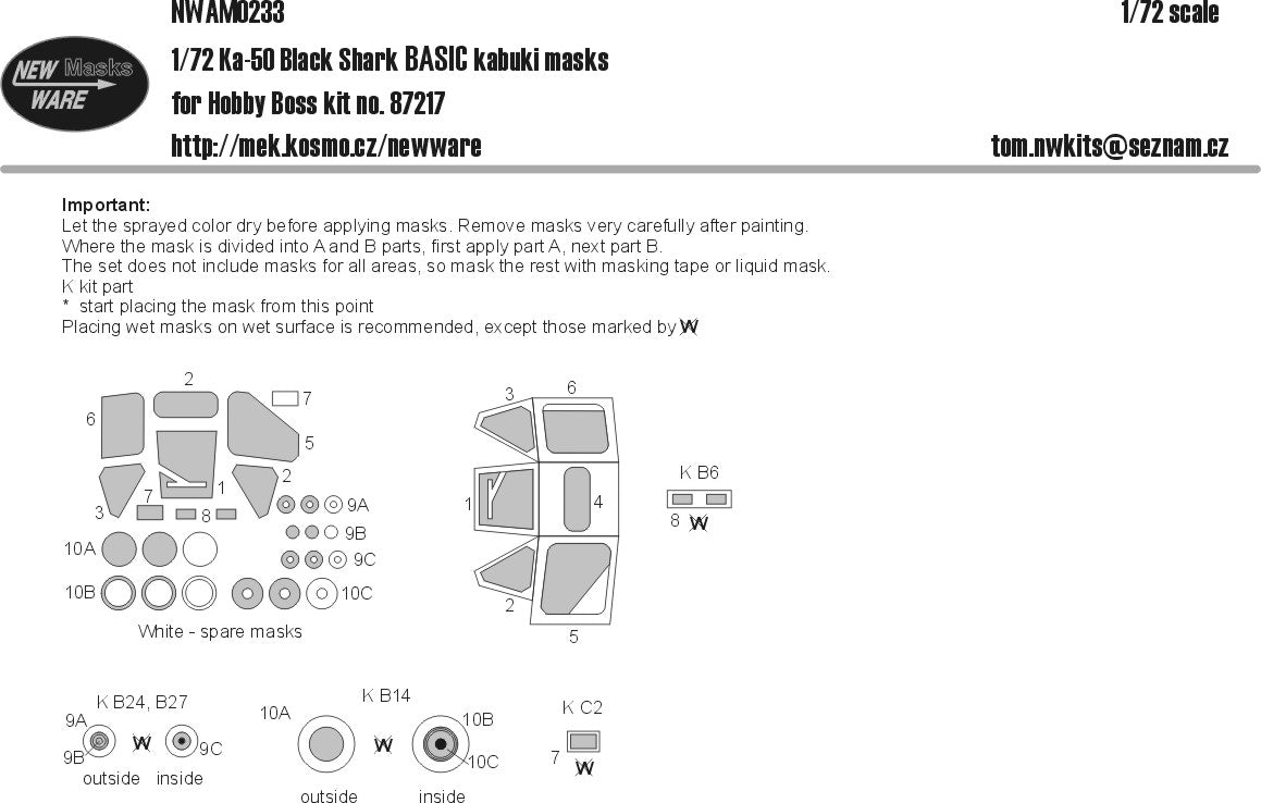 New Ware 1/72 Ka-50 Hokum Black Shark BASIC paint masks for Hobby Boss NWAM0233