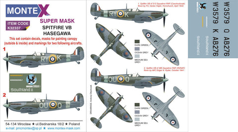 Montex 1/32 masks, markings & decals for SPITFIRE VB by HASEGAWA - K32337